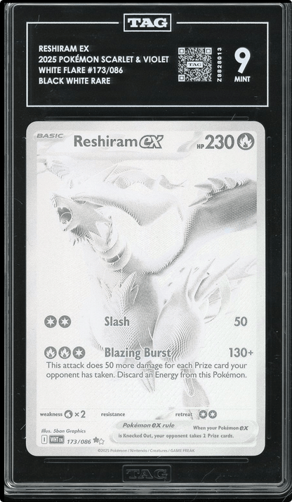 2025 POKEMON WHT EN-WHITE FLARE BLACK WHITE RARE #173 RESHIRAM EX TAG 9