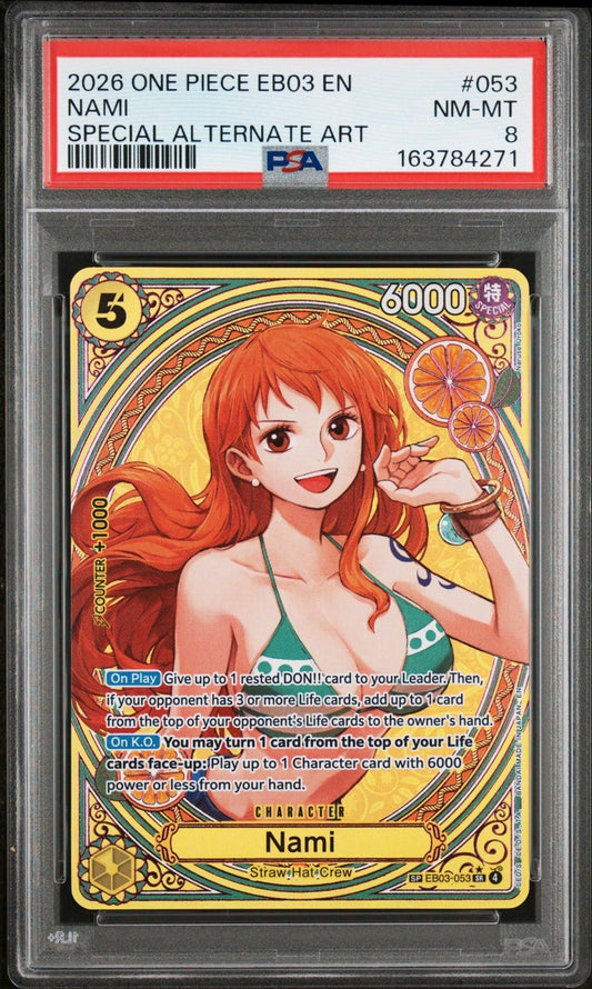 2026 One Piece EB03-053 Nami Special Alternate Art PSA 8