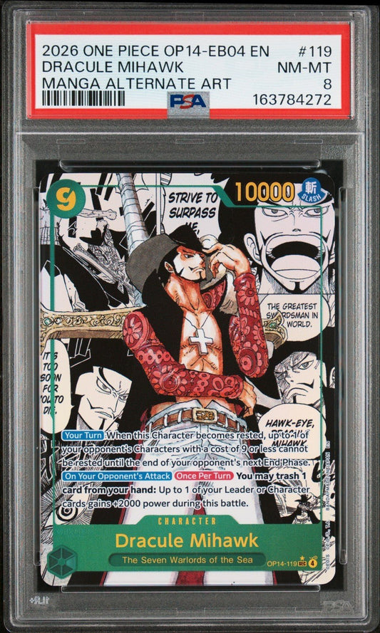 2026 One Piece OP14-EB04 EN 119 Dracule Mihawk Manga Alternate Art PSA 8