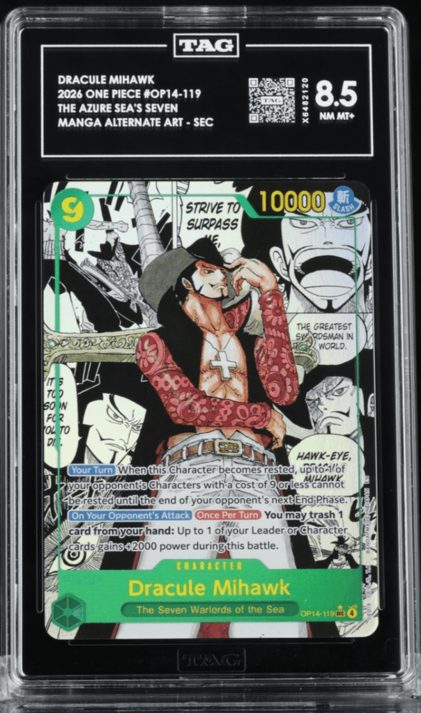 2026 One Piece OP14-EB04 EN 119 Dracule Mihawk Manga Alternate Art TAG 8.5