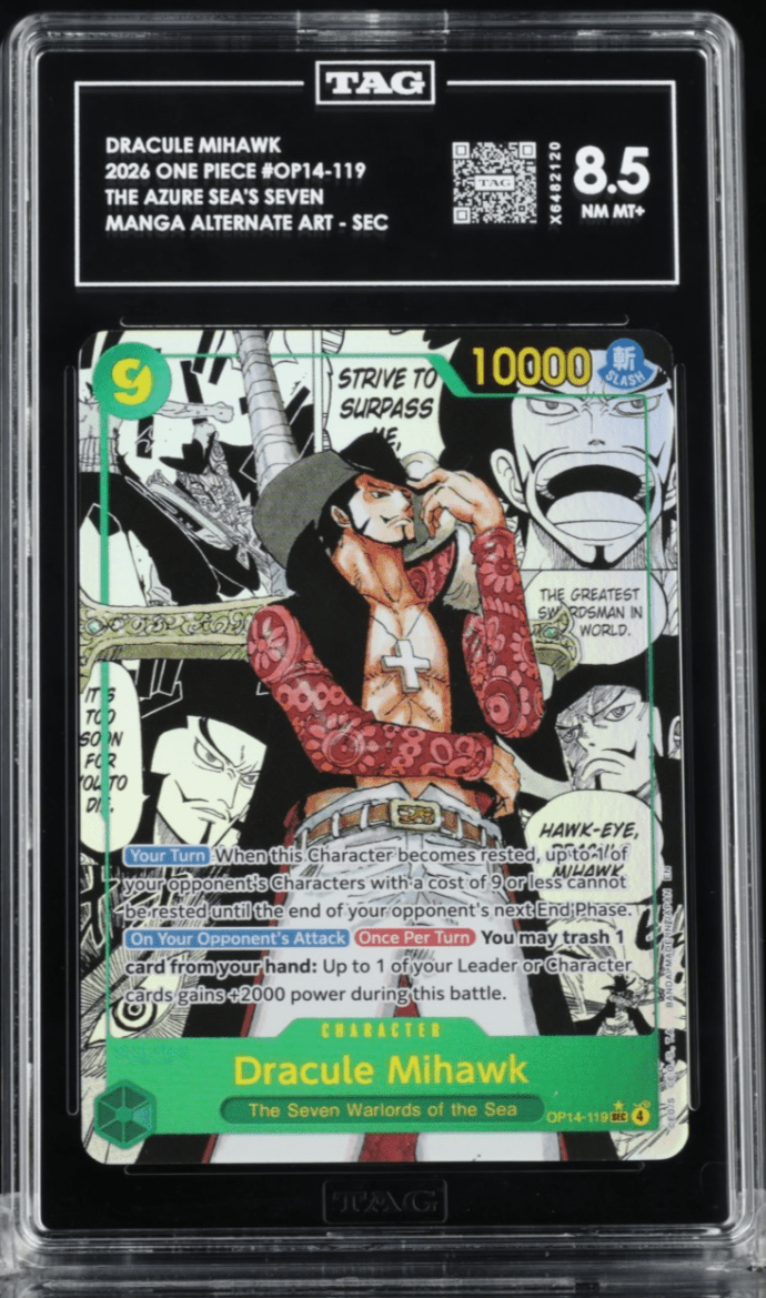 2026 One Piece OP14-EB04 EN 119 Dracule Mihawk Manga Alternate Art TAG 8.5