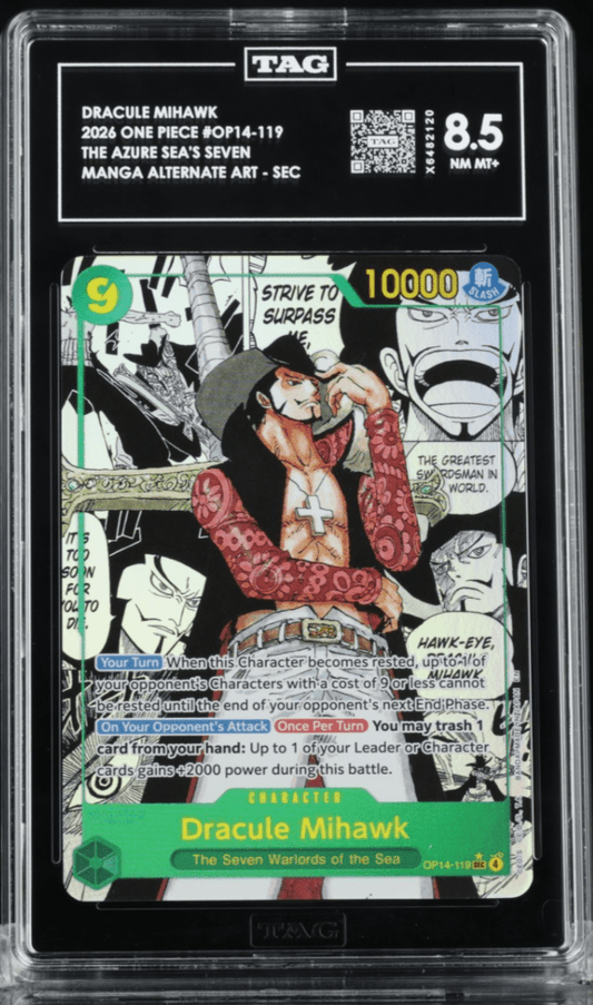 2026 One Piece OP14-EB04 EN 119 Dracule Mihawk Manga Alternate Art TAG 8.5