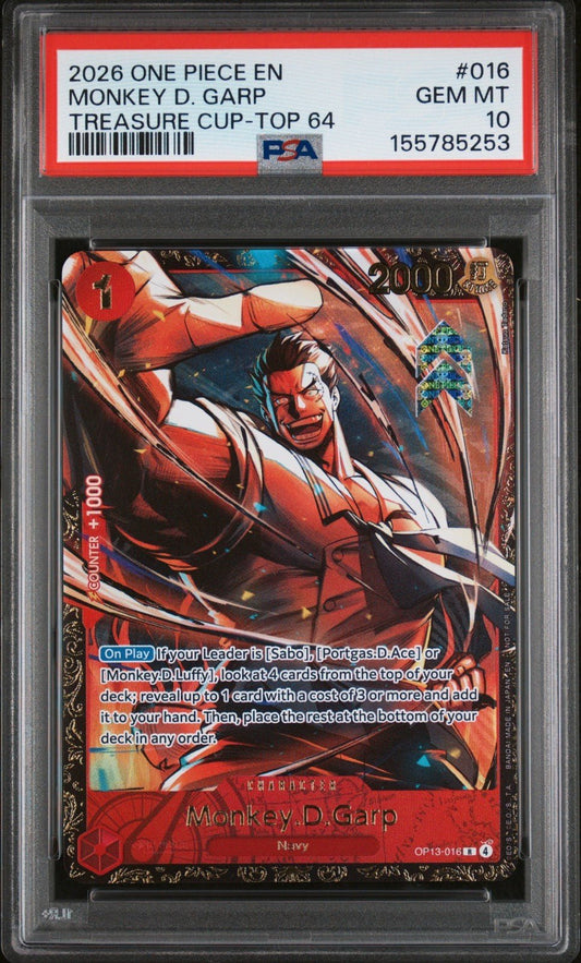 2026 ONE PIECE PROMOS TREASURE CUP-TOP 64 016 MONKEY D. GARP PSA 10
