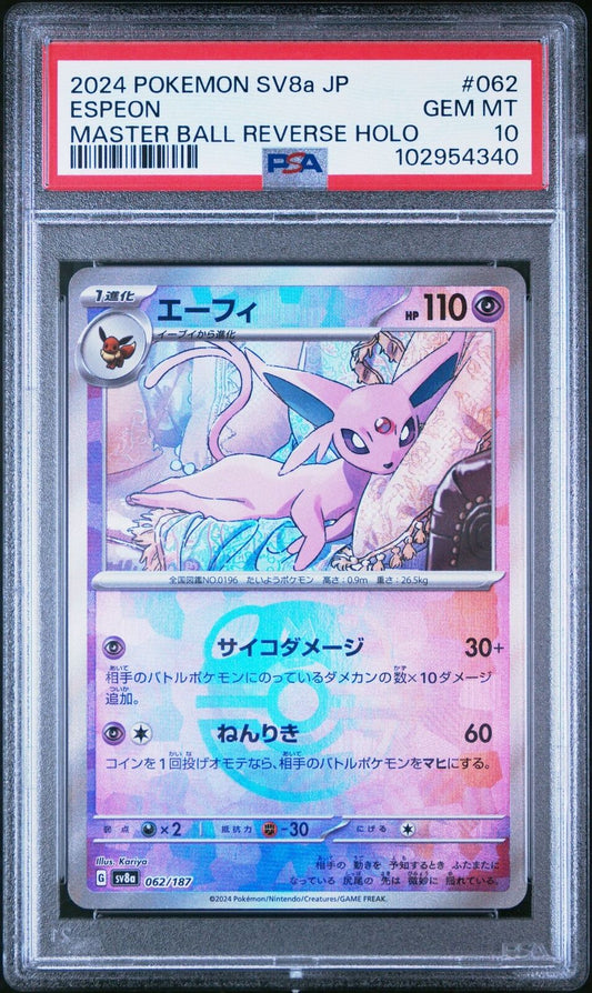 PSA 10 Pokemon Japanese Espeon Master Ball Reverse Holo 062/187 sv8a
