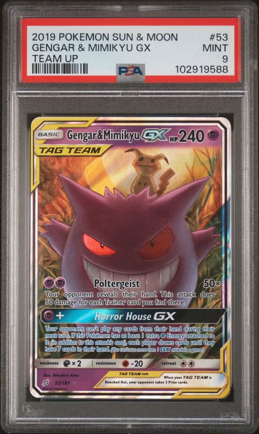 2019 POKEMON SUN & MOON TEAM UP #53 GENGAR & MIMIKYU GX PSA 9