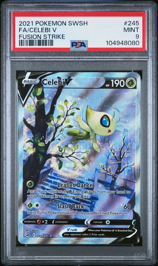 Celebi V Alternate Full Art 245/264 Swsh08: Fusion Strike Pokemon PSA 9