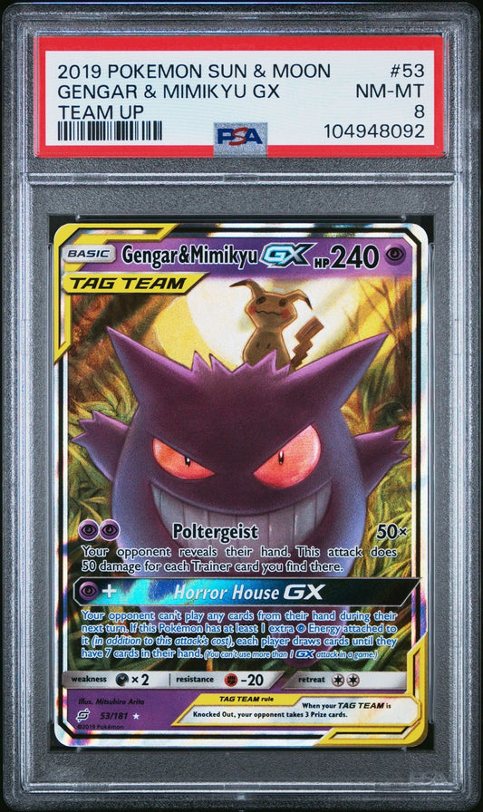 2019 POKEMON SUN & MOON TEAM UP #53 GENGAR & MIMIKYU GX PSA 8