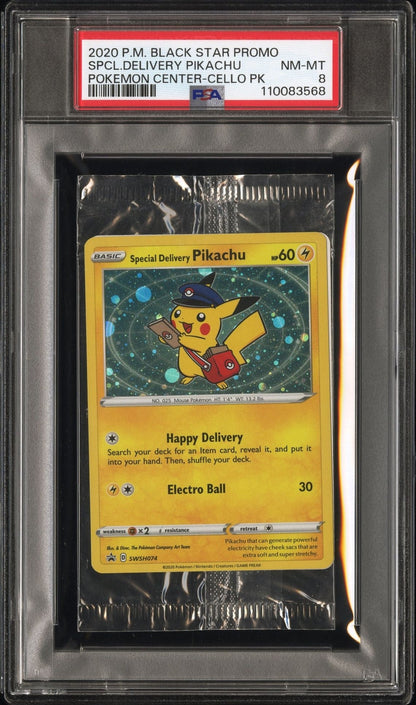 2020 Special Delivery Pikachu PSA 8 POKEMON CENTER CELLO Black Star Promo Sealed