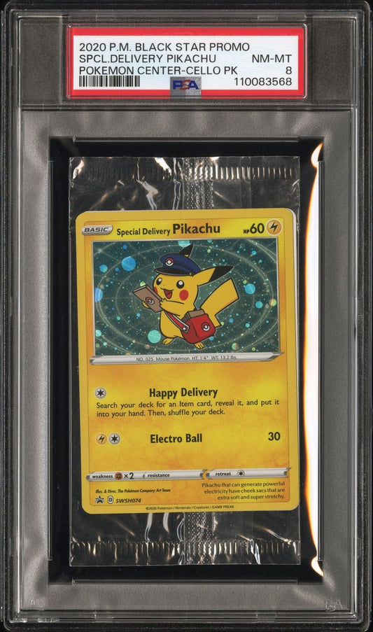 2020 Special Delivery Pikachu PSA 8 POKEMON CENTER CELLO Black Star Promo Sealed
