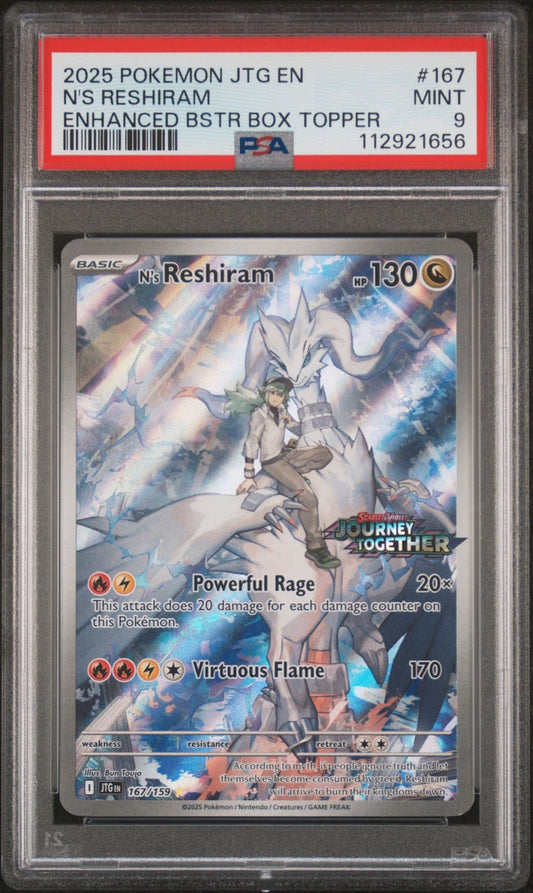 PSA 9 N'S RESHIRAM STAMPED 2025 POKEMON EN-JOURNEY TOGETHER #167 BOX TOPPER