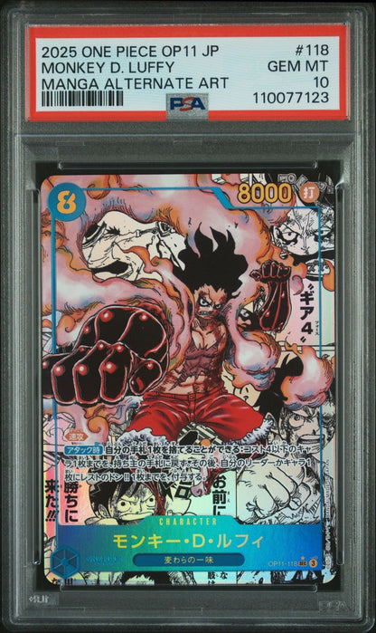 PSA 10 One Piece Card Monkey D. Luffy Gear 4 Manga Alt OP11-118 Fist of Divine