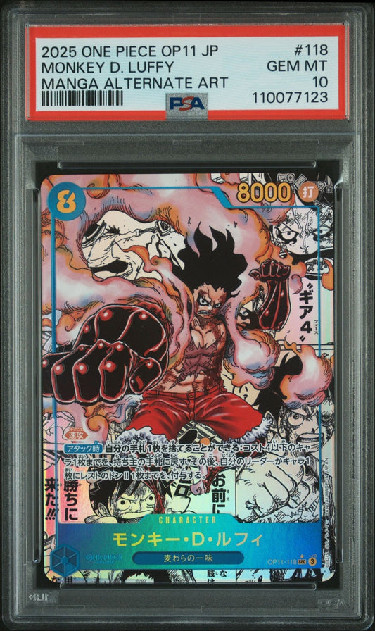 PSA 10 One Piece Card Monkey D. Luffy Gear 4 Manga Alt OP11-118 Fist of Divine