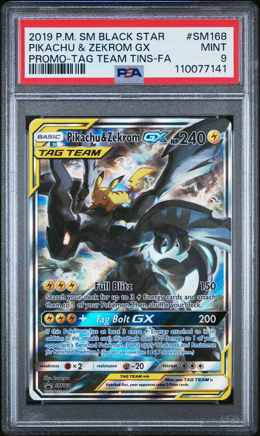 Pokemon Pikachu & Zekrom GX Tag Team Tins Full Art Promo SM168 PSA 9