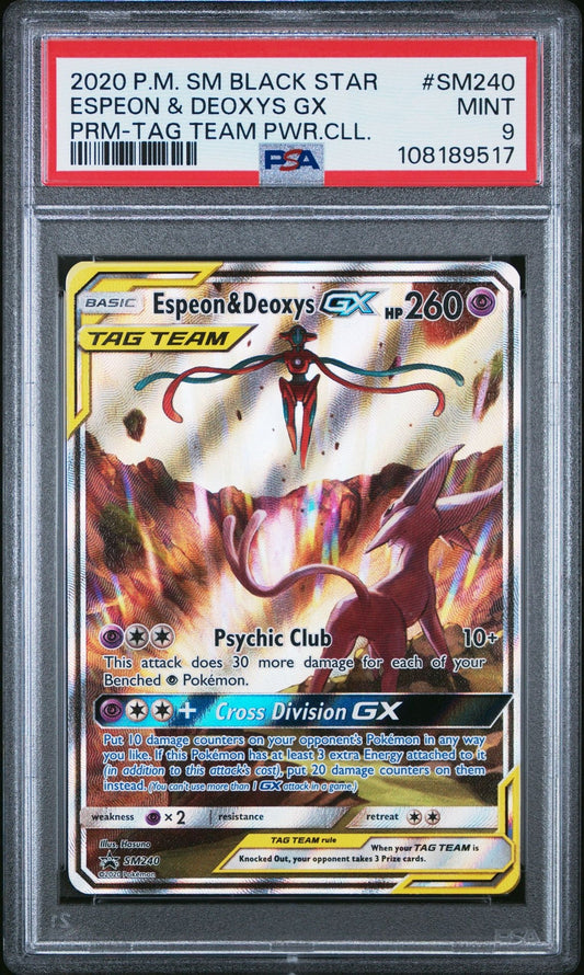 2020 Pokemon Sun & Moon Black Star Promo SM240 Espeon & Deoxys GX Tag Team PSA 9