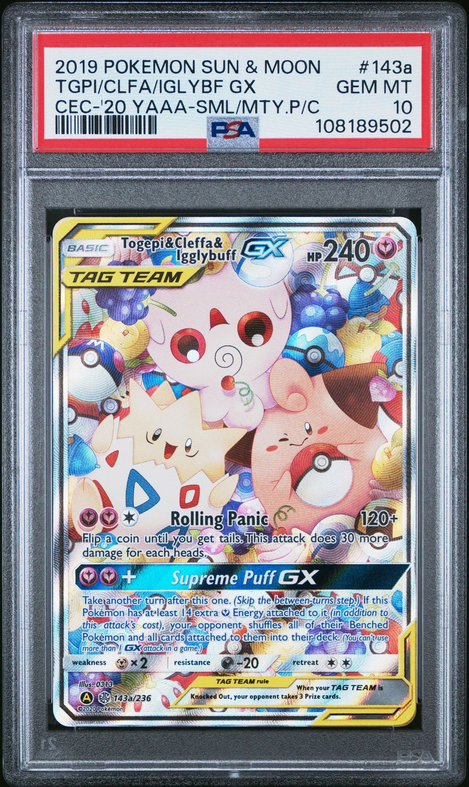 Pokemon Togepi Cleffa Igglybuff GX 143a/236 PSA 10 - Cosmic Eclipse Alt Art