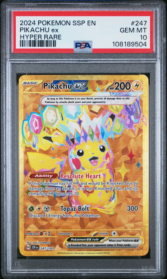 2024 POKEMON SSP EN-SURGING SPARKS HYPER RARE #247 PIKACHU EX PSA 10