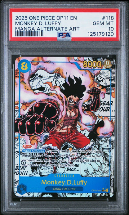 2025 ONE PIECE OP11-118 MONKEY D LUFFY MANGA ALT ART English PSA 10 GEM MINT