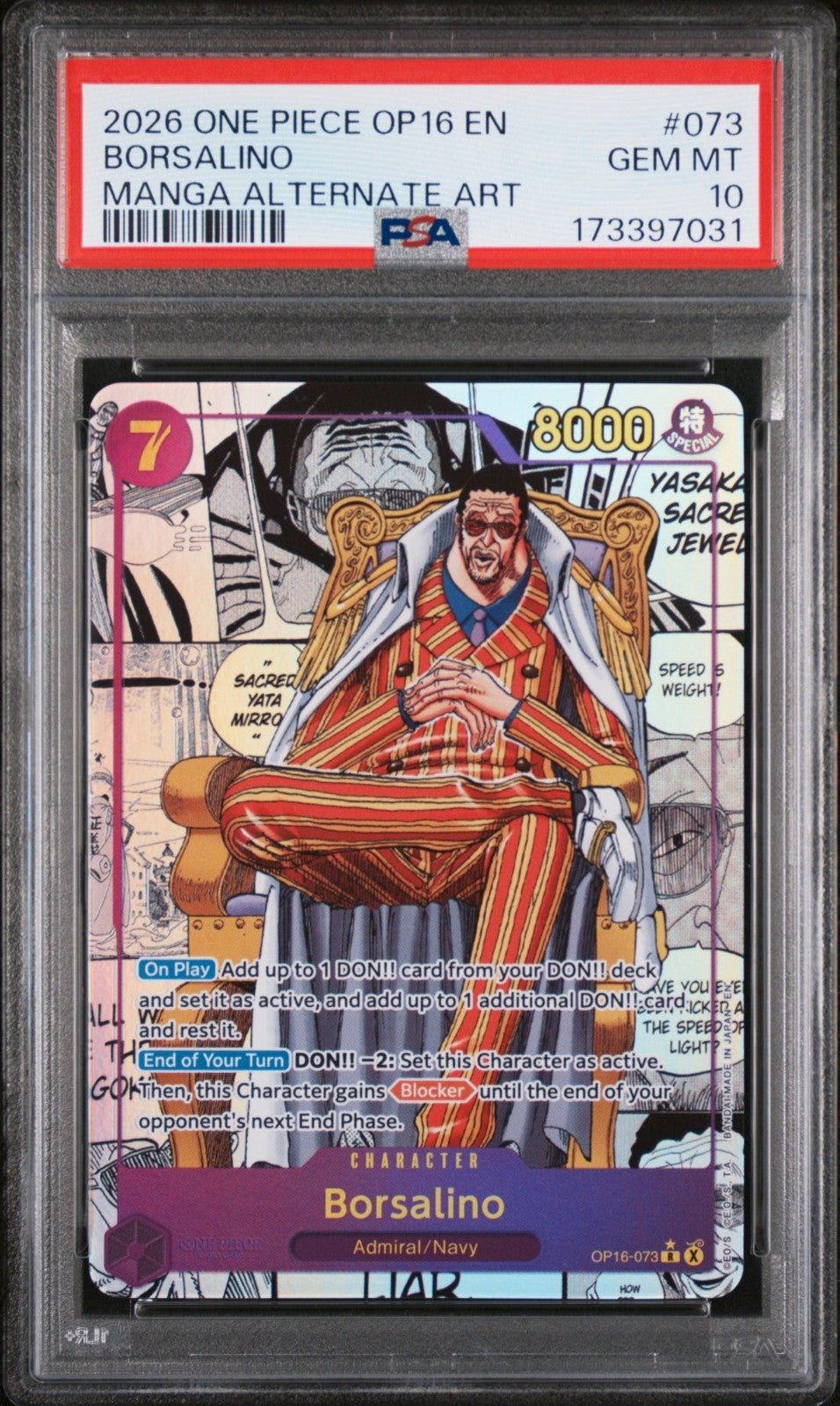 One Piece Borsalino OP16-073 MANGA Alternate Art The Time of Battle Foil PSA 10