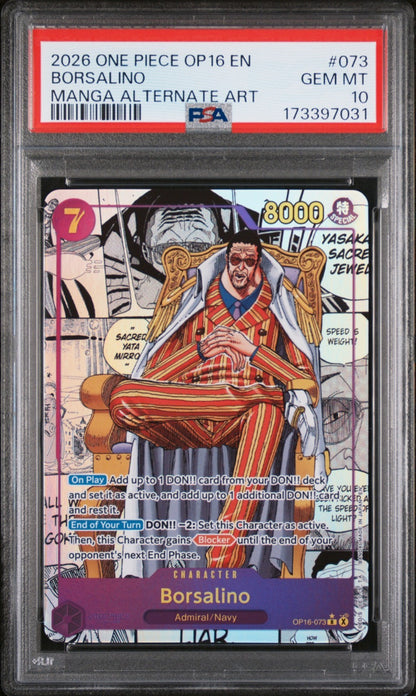 One Piece Borsalino OP16-073 MANGA Alternate Art The Time of Battle Foil PSA 10