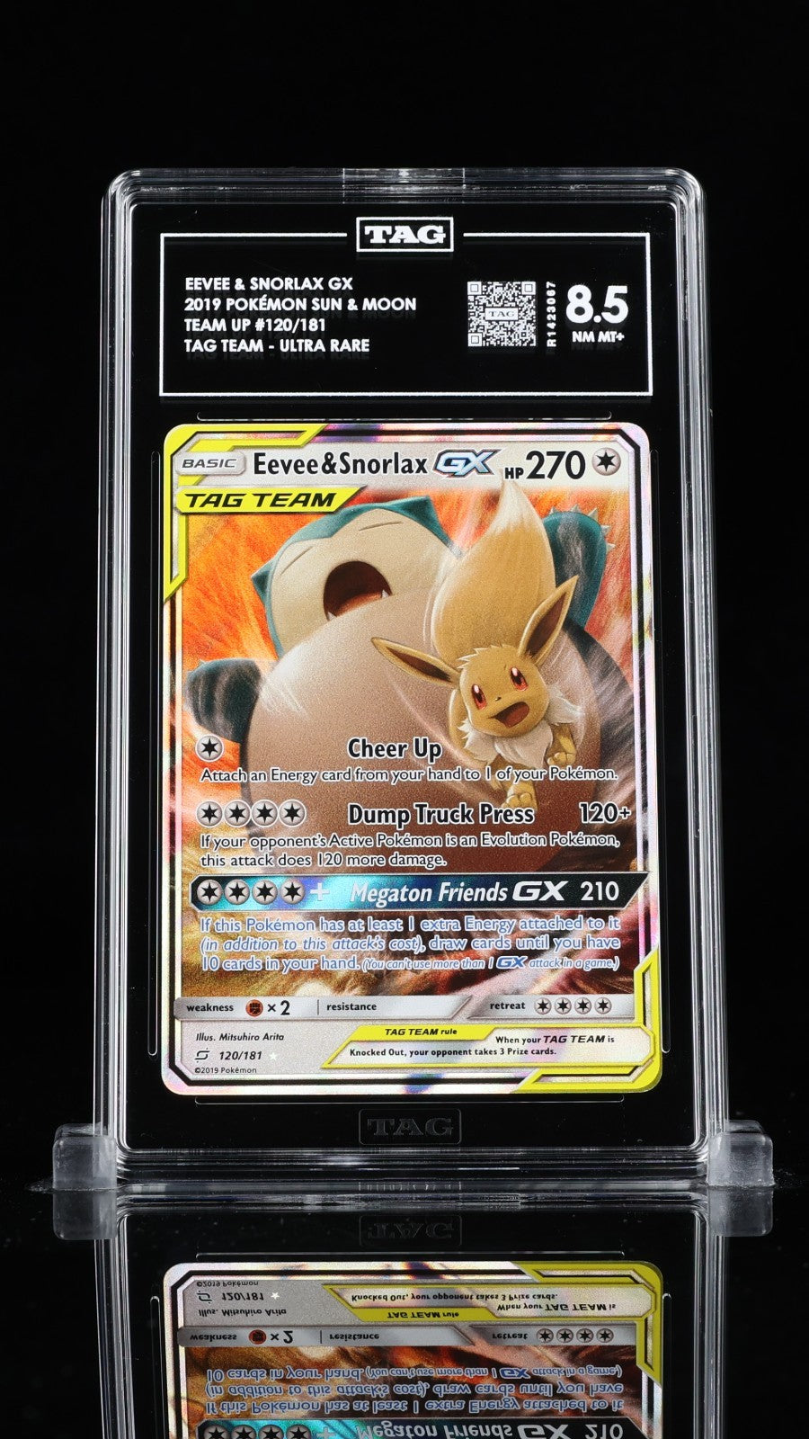Pokemon Eevee & Snorlax GX 120/181 2019 Pokemon Team Up Tag Team TAG 8.5