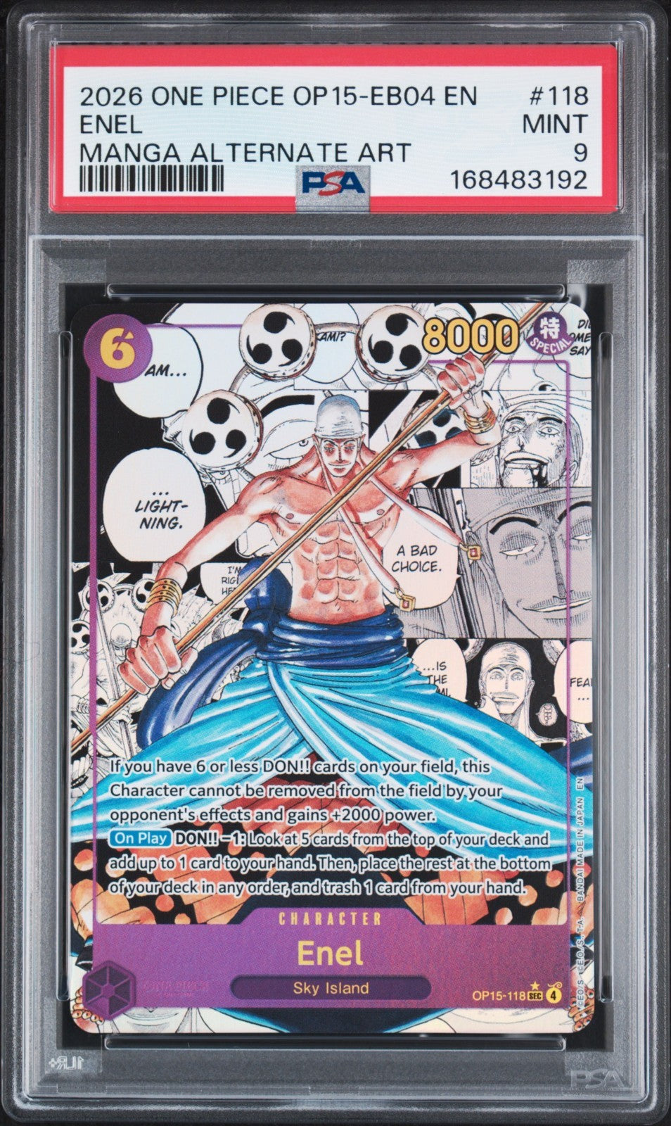 Bandai One Piece CCG Enel OP15-118 OP15-EB04 Manga Alt Art Holo EN PSA 9