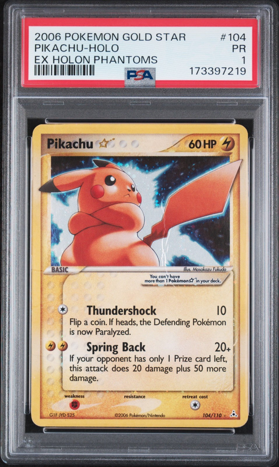 2006 POKEMON EX HOLON PHANTOMS GOLD STAR #104 PIKACHU-HOLO PSA 1