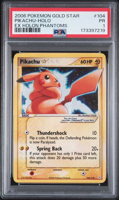 2006 POKEMON EX HOLON PHANTOMS GOLD STAR #104 PIKACHU-HOLO PSA 1