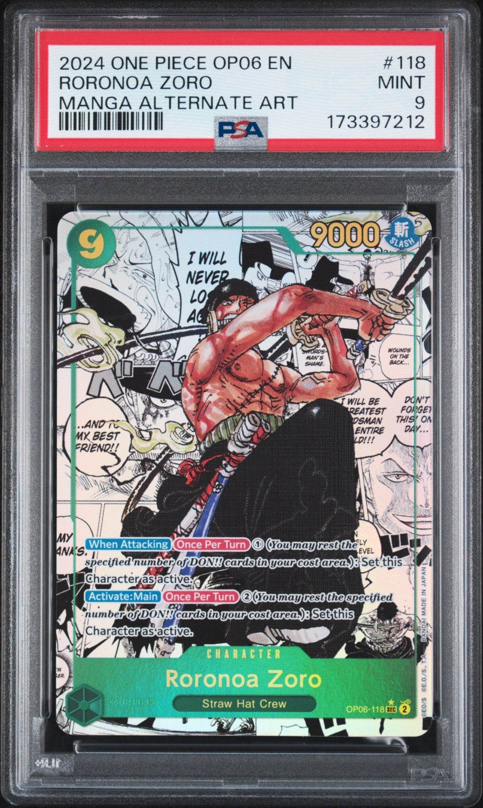 2024 One Piece Roronoa Zoro (Manga) OP06-118 Wings of the Captain Foil PSA 9