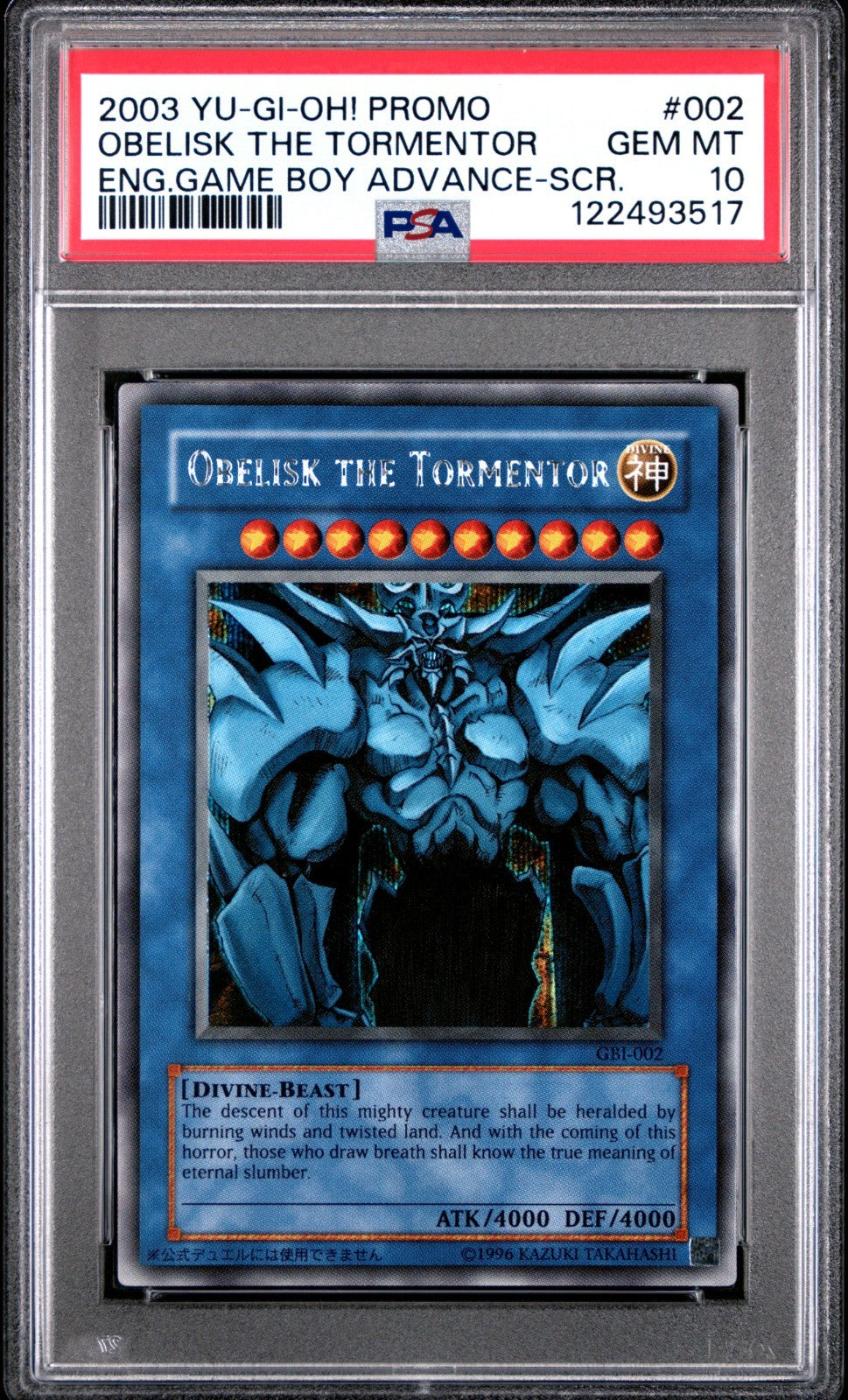 YuGiOh Obelisk the Tormentor Secret Rare PSA 10 GBI 002 English