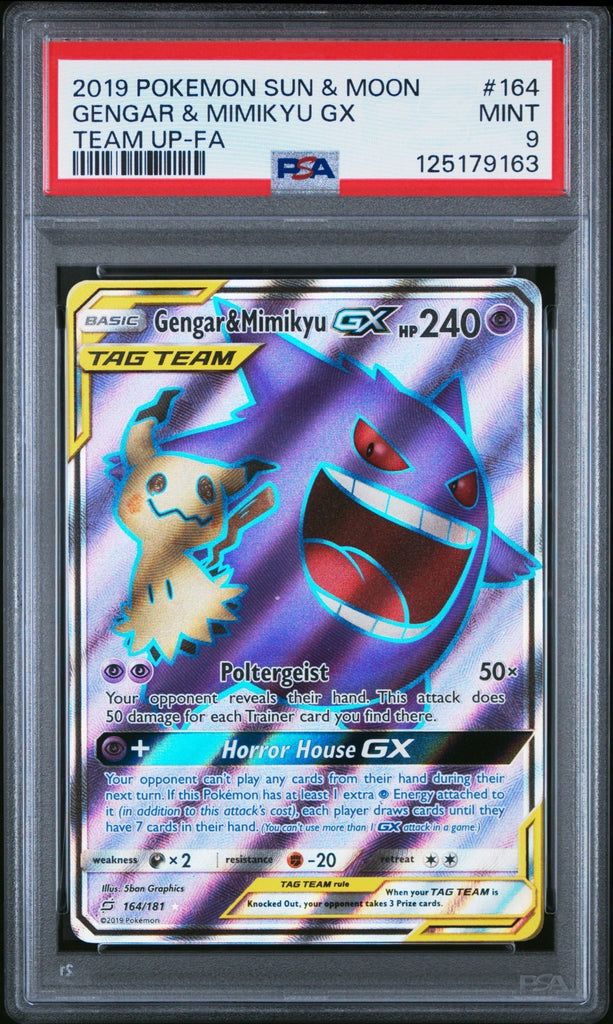 2019 POKEMON SUN & MOON TEAM UP #164 FULL ART/GENGAR & MIMIKYU GX PSA 9
