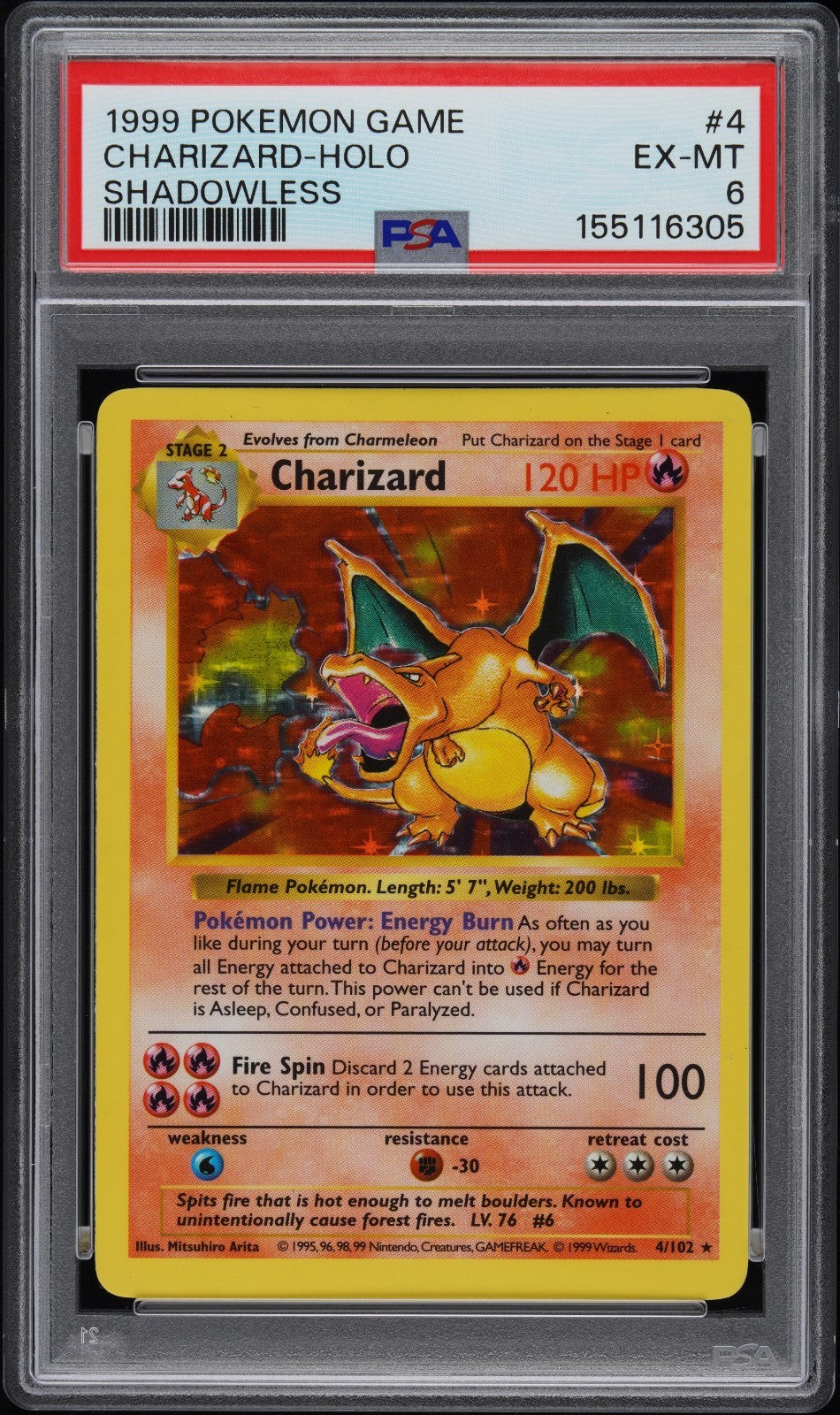 POKEMON #4 SHADOWLESS 1999 CHARIZARD 4/102 PSA 6