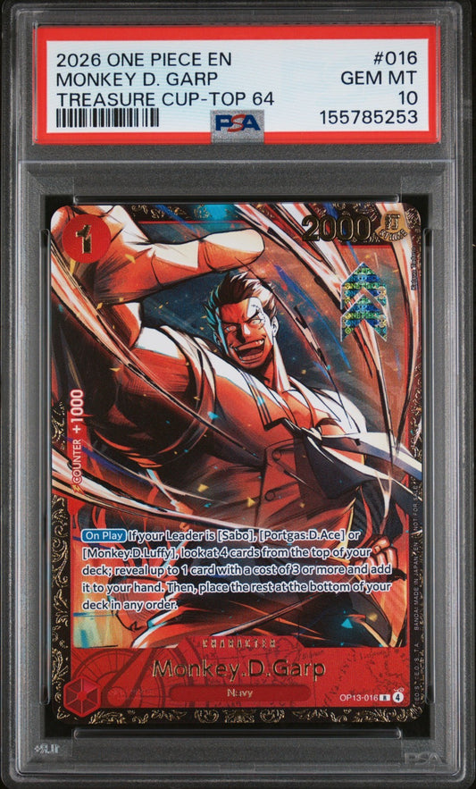 2026 ONE PIECE PROMOS TREASURE CUP-TOP 64 #016 MONKEY D. GARP PSA 10