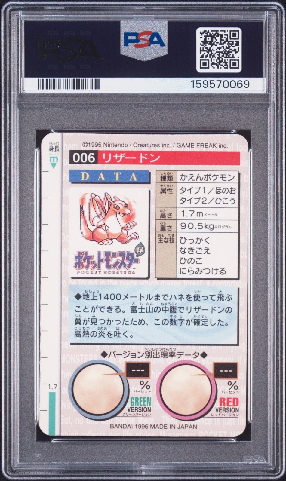 Bandai Carddass 1996 Charizard No.006 Red Prism Holo PSA 6