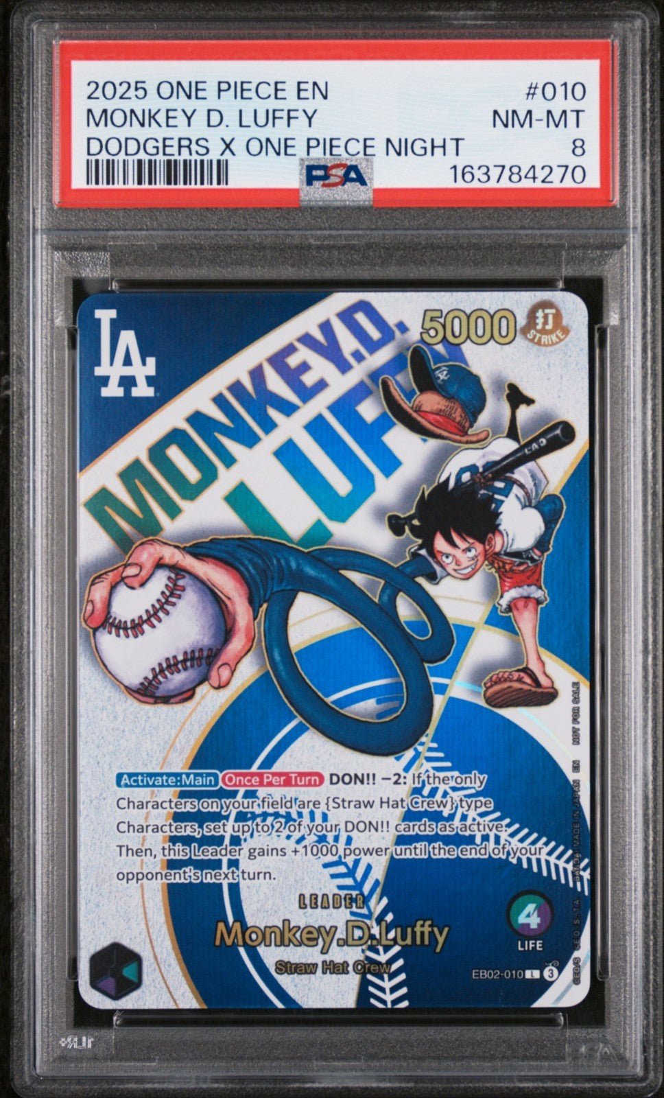 Bandai Monkey D. Luffy Promo EN 2025 Dodgers x One Piece EB02-010 PSA 8