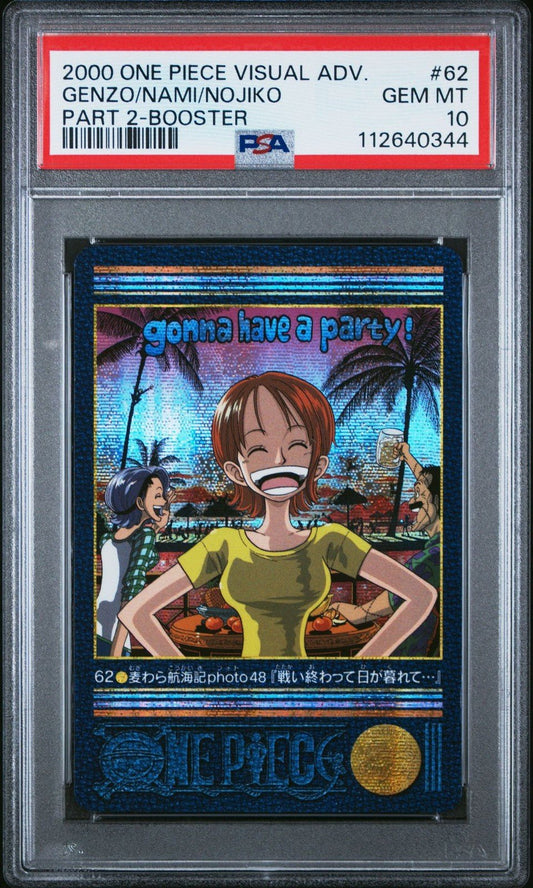 CARDDASS ONE PIECE VISUAL ADVENTURE PART 2 62 NAMI/NOJIKO/GENZO BOOSTER PSA 10