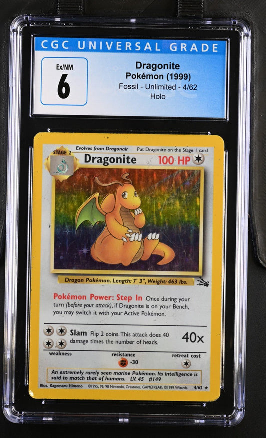 CGC 6 Dragonite Holo 4/62 Fossil Pokemon Unlimited 1999 Blue Label