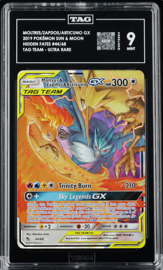 MOLTRES & ZAPDOS & ARTICUNO GX 44/68 HIDDEN FATES POKEMON TAG 9
