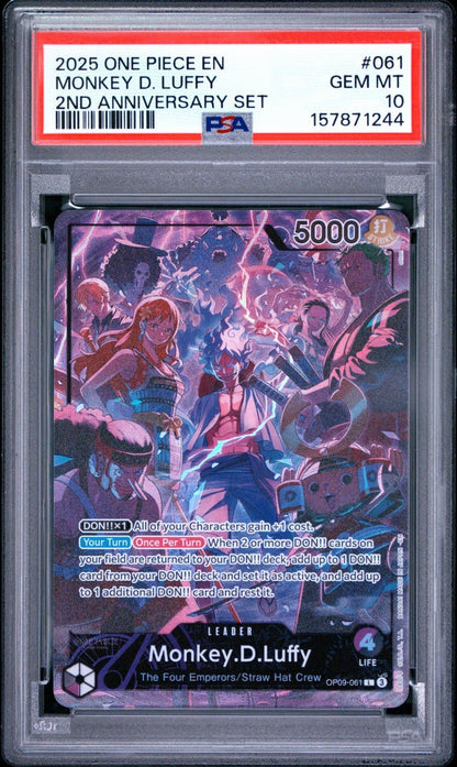One Piece Monkey D. Luffy OP09-061 2nd Anniversary Set Holo EN 2025 PSA 10