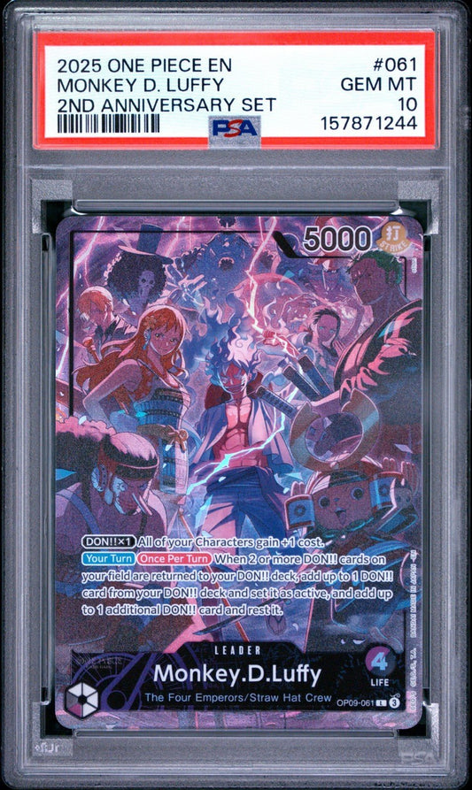 One Piece Monkey D. Luffy OP09-061 2nd Anniversary Set Holo EN 2025 PSA 10