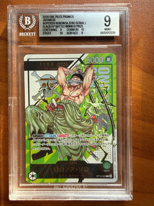One Piece OP12-020 Roronoa Zoro Serial Flagship Battle Winner For Japan BGS 9
