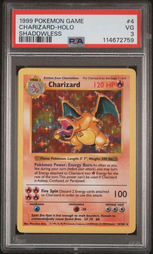 Pokemon Charizard Shadowless Base Set Holo - 4/102 PSA 3 CLEAN FRONT