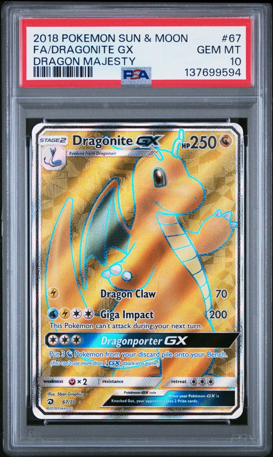Pokémon Dragonite GX Full Art Holo Ultra Rare Dragon Majesty 67/70 2018 PSA 10