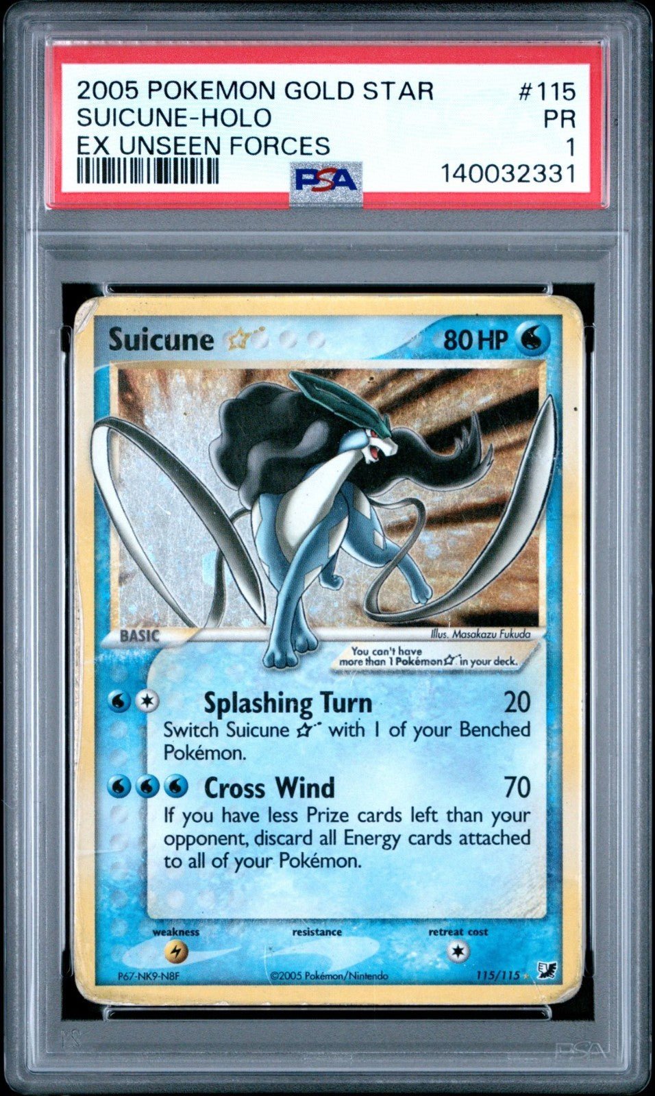 Pokemon EX Unseen Forces 115/115 Suicune Holo Gold Star 115 2005 PSA 1