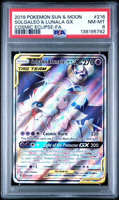 POKEMON SOLGALEO & LUNALA GX 216/236 ALTERNATE ART S&MCOSMIC ECLIPSE 2019 PSA 8