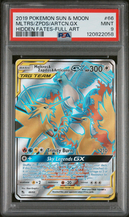 Pokemon TCG Moltres Zapdos Articuno GX 66/68 Full Art Hidden Fates PSA 9