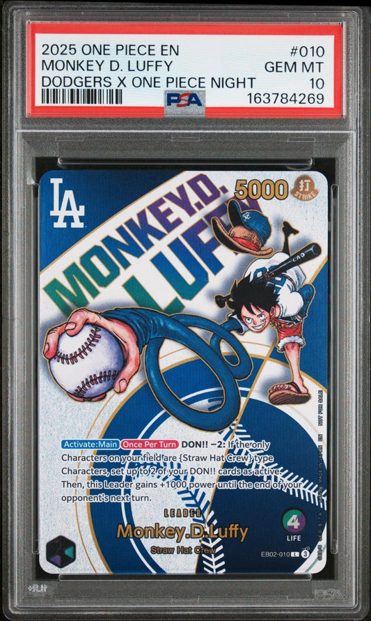 PSA 10 Monkey D Luffy EB02-010 L Dodgers One Piece Night Promo Card English 2025