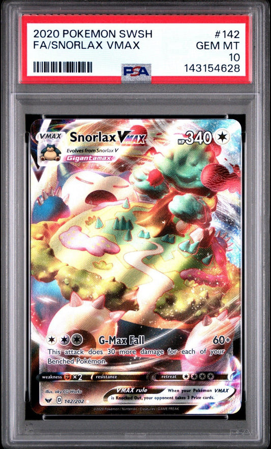PSA 10 Snorlax Vmax 142/202 Pokemon Sword Shield Base Set Full Art Holo