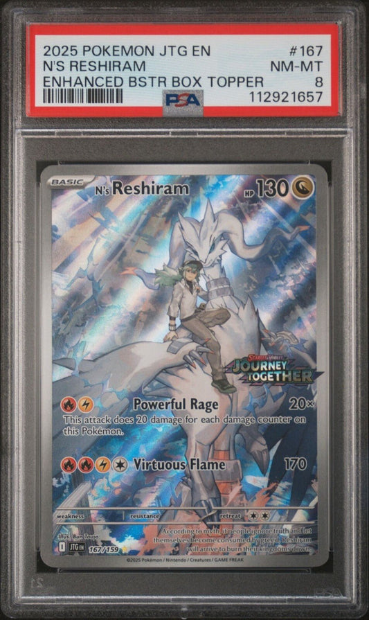 PSA 8 N'S RESHIRAM STAMPED 2025 POKEMON EN-JOURNEY TOGETHER 167 BOX TOPPER