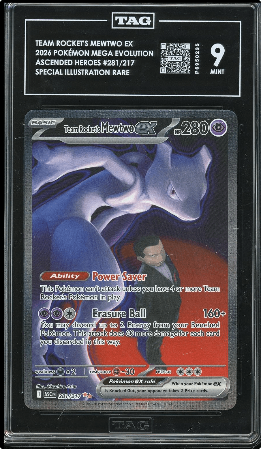 TEAM ROCKET'S MEWTWO EX 281/217 SPECIAL ILLUSTRATION RARE POKEMON TAG 9