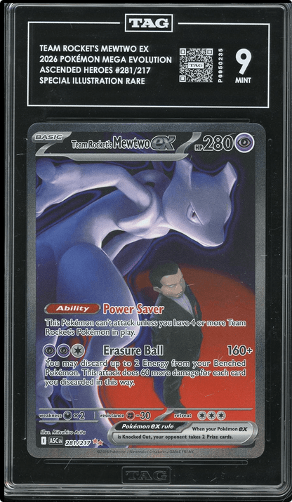 TEAM ROCKET'S MEWTWO EX 281/217 SPECIAL ILLUSTRATION RARE POKEMON TAG 9